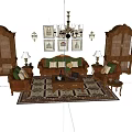 Traditional Living Room Interior with Brown Leather Sofas Coffee Table Chandelier and Ornate Rug