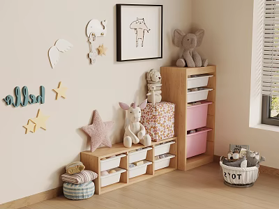 Kids Room Wooden Storage Shelf With Stuffed Animals Pink White Bins Decorative Stars Hello Letters 3d model