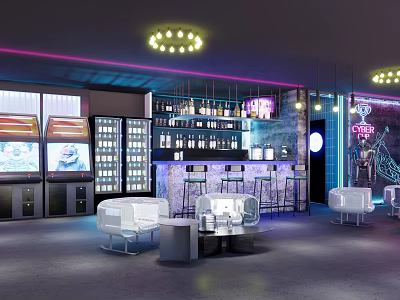 Modern Bar Interior With Neon Lights Bar Counter Wine Racks And Comfortable Seats 3d model
