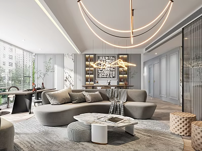 Modern Living Dining Room Interior With Gray Sofa Round Coffee Table Chandelier And Large Windows 3d model