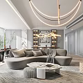 Modern Living Dining Room Interior With Gray Sofa Round Coffee Table Chandelier And Large Windows
