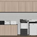 Modern Office Appliances in Built in Wooden Cabinetry With Various Printers and File Cabinets