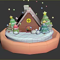Cartoon Winter Scene With Gingerbread House Snow Roof Christmas Trees Stars Snowman And Falling Snowflakes
