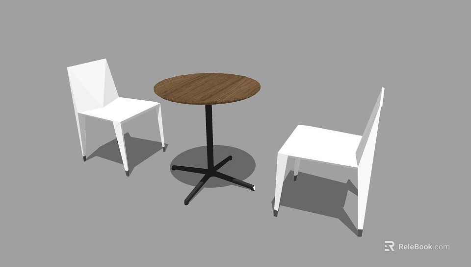 Modern Round Wooden Dining Table With White Chairs And Black Legs 3d model 