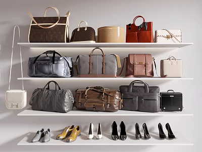 Various Stylish Bags Displayed On Multiple Shelves With Different Colors And Designs 3d model