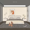 Modern Minimalist Bedroom With Beige Bed Decorative Painting Nightstands Pendant Lights And Cozy Rug