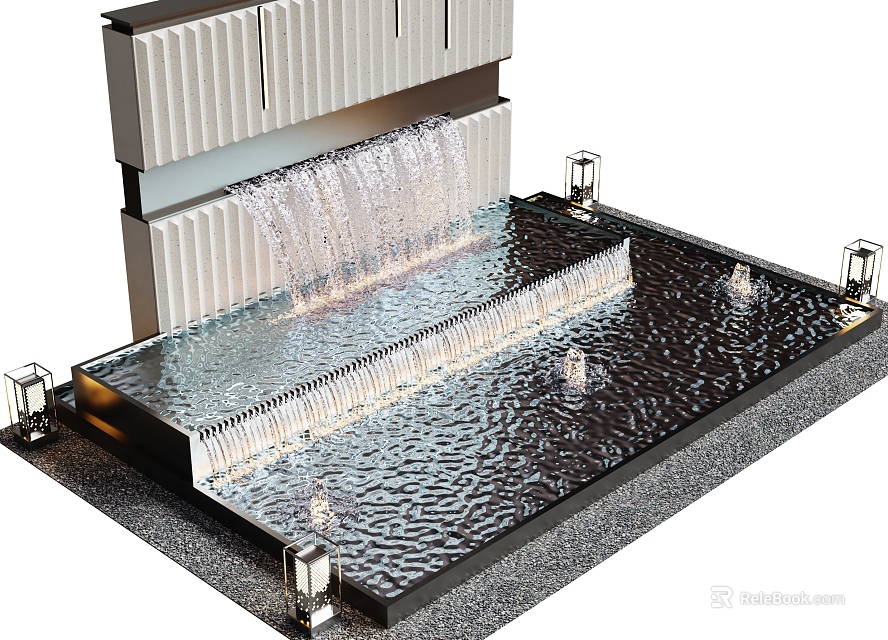 Modern Waterfall Wall Structure With Flowing Water And Shallow Decorative Pool Lights 3d model 