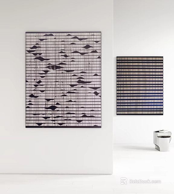 Abstract Paintings Featuring Grid Patterns And Blue Stripes On White Wall With Decorative Object 3d model
