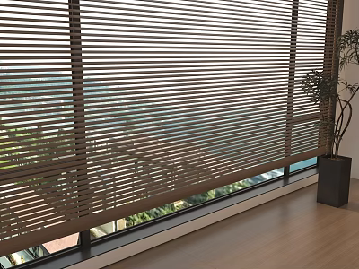 Stylish Floor To Ceiling Window With Wooden Blinds And Scenic Outdoor View 3d model