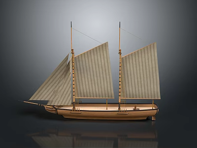 Vintage Wooden Sailboat Model with Two Masts and White Sails on Reflective Surface 3d model