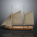 Vintage Wooden Sailboat Model with Two Masts and White Sails on Reflective Surface