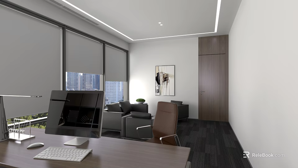 Modern Office Interior With Work Desk Computer Sofa Decorative Painting And Large Windows 3d model
