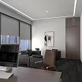 Modern Office Interior With Work Desk Computer Sofa Decorative Painting And Large Windows 3d model