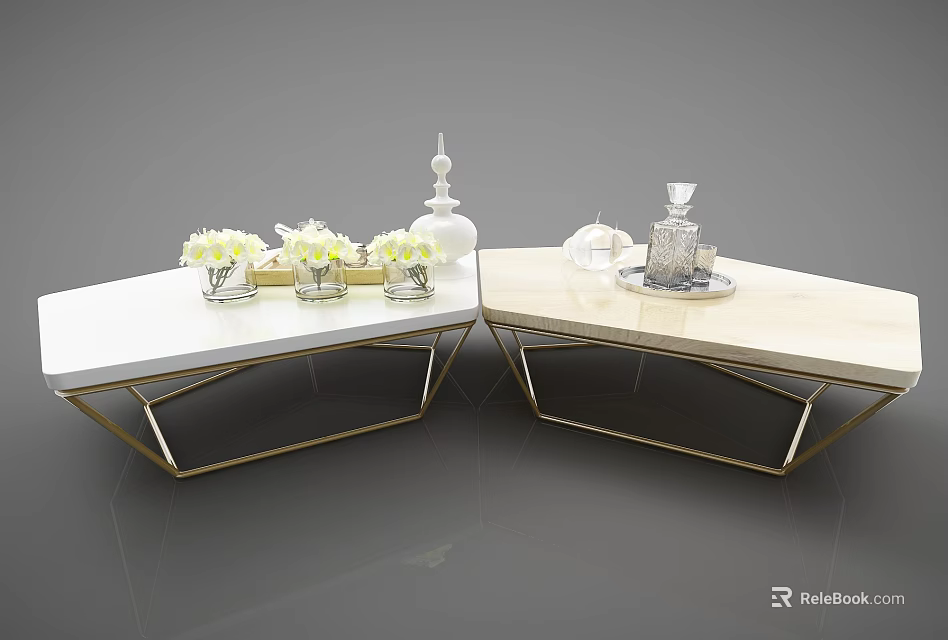 Elegant Coffee Table With Marble Top Gold Metal Legs And White Flower Decorations 3d model 