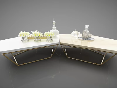 Elegant Coffee Table With Marble Top Gold Metal Legs And White Flower Decorations 3d model