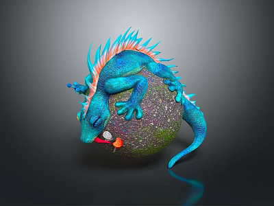 Game Movie Fantasy Character With Blue Body Orange Spikes Lying On Textured Sphere 3d model