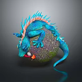 Game Movie Fantasy Character With Blue Body Orange Spikes Lying On Textured Sphere
