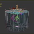 Cylindrical Blue Fish Tank With Water Surface Green Lotus Leaves And Red Flower