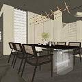Modern Dining Room Interior With Rectangular Table Rattan Chairs Linear Pendant Lights And Green Plant 3d model