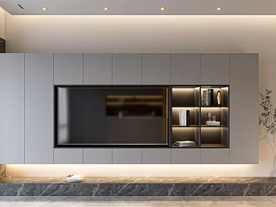 Modern Gray TV Wall Unit with LED Lighting Open Shelves and Marble Countertop 3d model