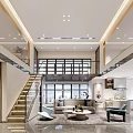 Elegant Modern Duplex Living Room Interior With High Ceiling Large Windows And Staircase 3d model