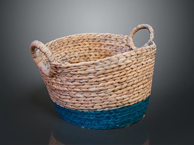 Natural Brown And Blue Woven Storage Basket With Two Handles 3d model