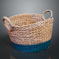Natural Brown And Blue Woven Storage Basket With Two Handles