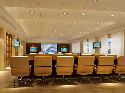 Modern Conference Room With Brown Chairs Multiple Screens And Ceiling Lights 3d model