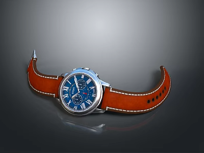 Stylish Everyday Wristwatch With Blue Dial Brown Leather Strap And Silver Case 3d model