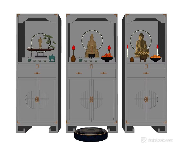 Traditional Buddhist Shrine Cabinet With Buddha Statues Offerings And Wooden Design 3d model 