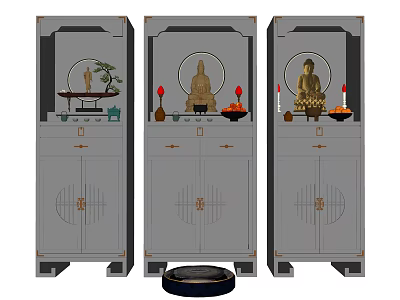 Traditional Buddhist Shrine Cabinet With Buddha Statues Offerings And Wooden Design 3d model
