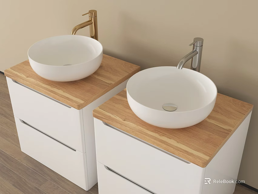 Double Bathroom Vanity Sink With White Vessel Basins Wooden Countertops And Gold Silver Faucets 3d model 