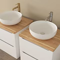 Double Bathroom Vanity Sink With White Vessel Basins Wooden Countertops And Gold Silver Faucets
