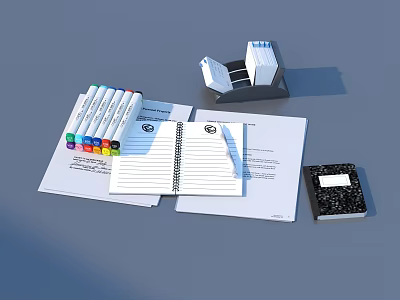 Essential Stationery Supplies With Open Notebook Colorful Markers Folders And Sticky Notes 3d model