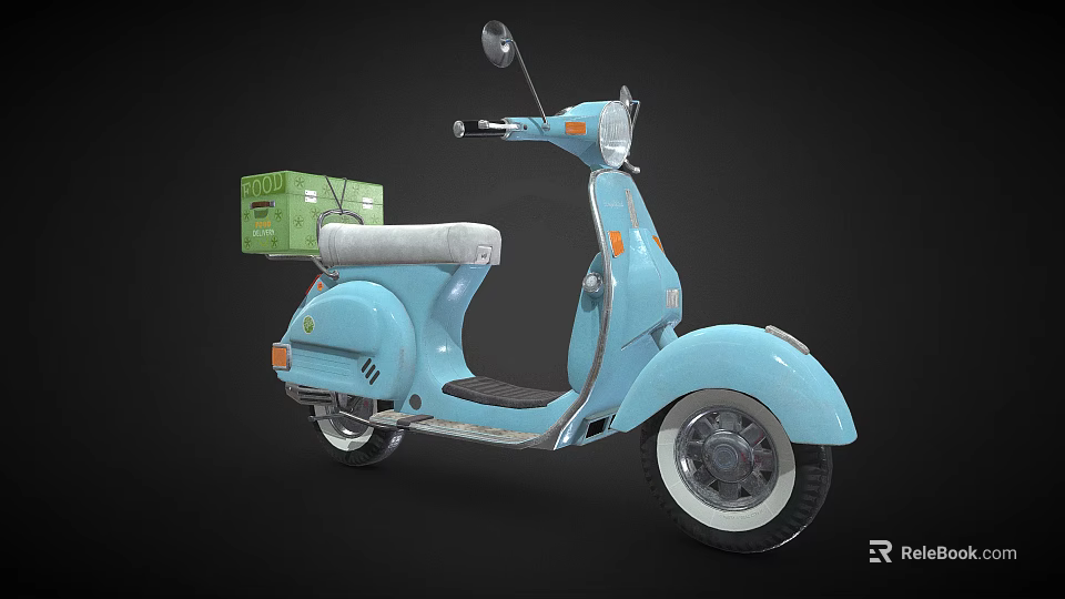 Light Blue Classic Scooter With Green Box On Rear Seat And White Wheels 3d model 