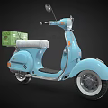 Light Blue Classic Scooter With Green Box On Rear Seat And White Wheels