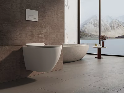 Modern Bathroom With Wall Mounted Toilet Freestanding Bathtub Large Window Mountain Lake View Tile Floor 3d model