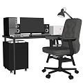 Modern Office Desk with Computer Monitor Speakers Desk Lamp and Comfortable Office Chair