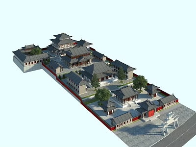 Traditional Chinese Ancient Architecture Complex With Courtyard Trees Red Walls And Classic Gates 3d model
