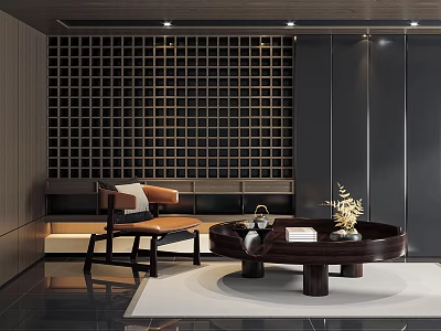 Modern Leather Accent Chair In Lounge With Lattice Wall Round Coffee Table And Vase 3d model