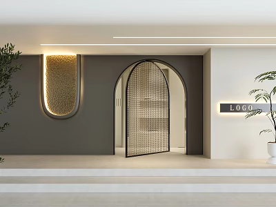 Modern Entrance Hall Interior With Arched Doorway Lighting Potted Plants And Logo Sign 3d model