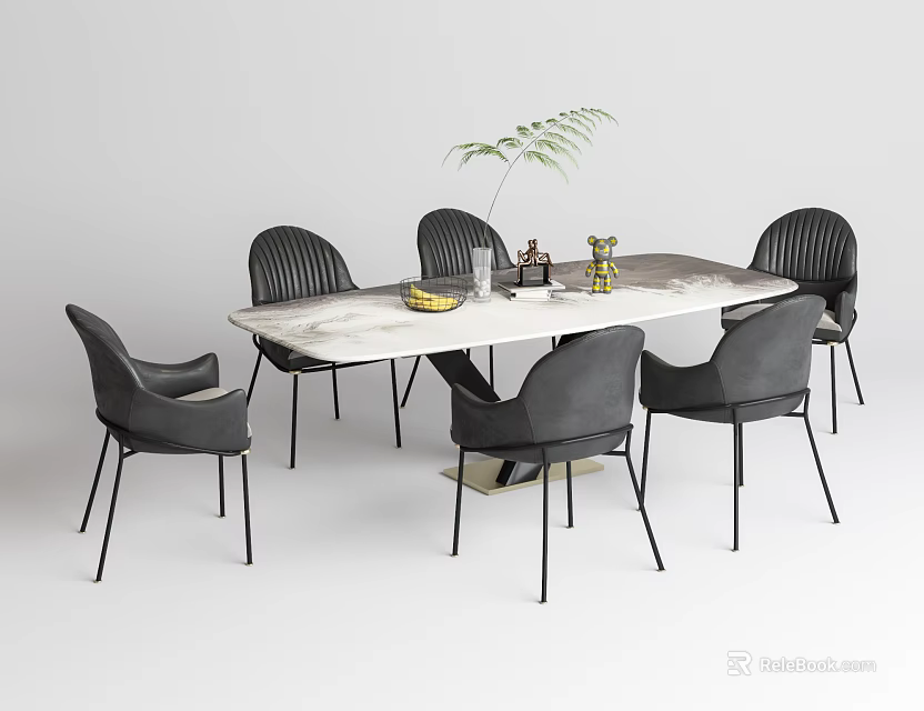 Modern Rectangular Marble Dining Table Set With Six Black Chairs Green Plant And Decorations 3d model