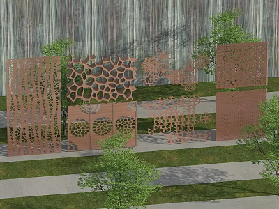 Decorative Outdoor Metal Screens With Intricate Hollow Out Patterns And Green Plants 3d model