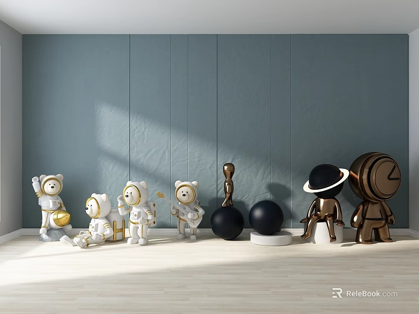 Astronaut Dolls In Various Poses With Planet Decor Clock Against Gray Wall And Light Floor 3d model 