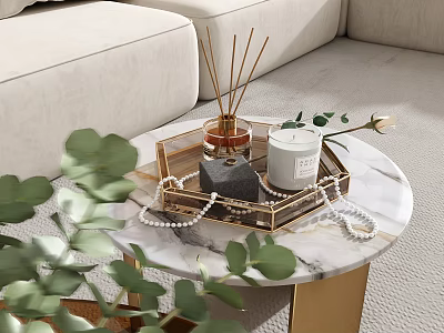 Luxury Decorative Ornament Set with Gold Tray Aromatherapy Sticks Candle Pearl Necklace on Marble Table 3d model
