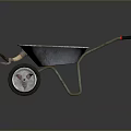 Shiny Metal Wheelbarrow With Two Wheels Green Frame Red Grips And Metal Bucket