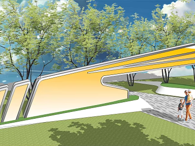 Modern Yellow Building Facade With Trees And Pedestrians In Outdoor Space 3d model