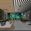 Modern Front Desk Reception Interior With Green Plant Walls Stone Counter And Striped Ceiling