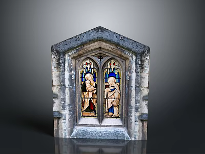 Gothic Architectural Stained Glass Window With Intricate Stone Frame And Vibrant Color Design 3d model