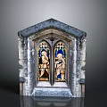 Gothic Architectural Stained Glass Window With Intricate Stone Frame And Vibrant Color Design